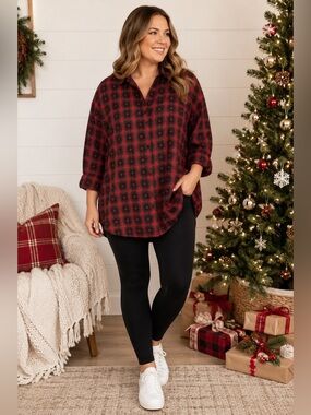 Seventh Avenue Vintage Holiday Plaid Poinsettia Button Down Shirt 1X